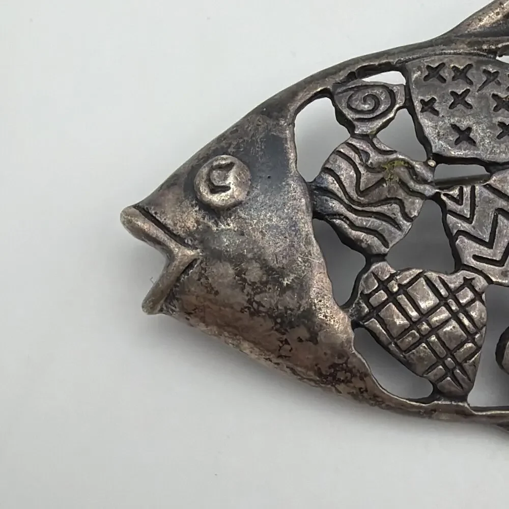 Vintage Sterling Silver Openwork Fish Brooch Pin Marked 925 Whimsical 14.7g